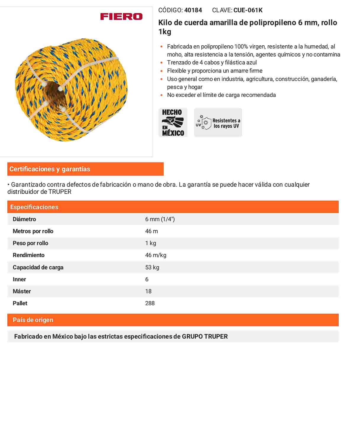 Cuerda Polipropileno 6mm Rollo 1kg