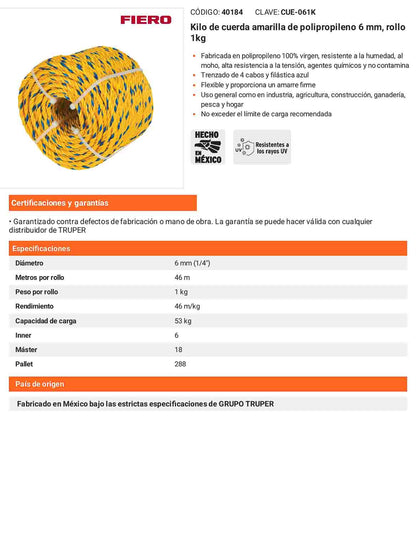Cuerda Polipropileno 6mm Rollo 1kg