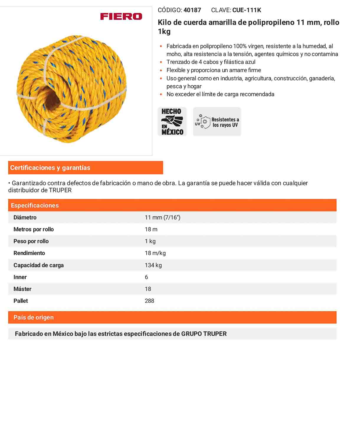 Cuerda Polipropileno 11mm Rollo 1kg