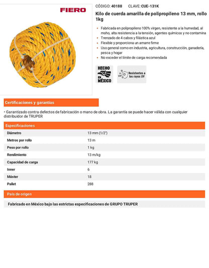 Cuerda Polipropileno 13mm Rollo 1kg