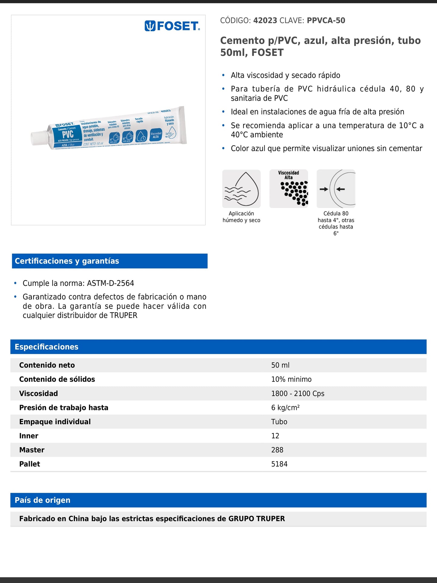 Cemento para PVC azul de alta presión en tubo de 50 ml