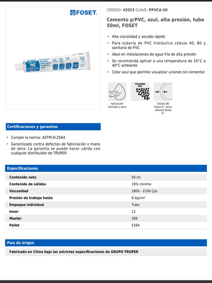 Cemento para PVC azul de alta presión en tubo de 50 ml