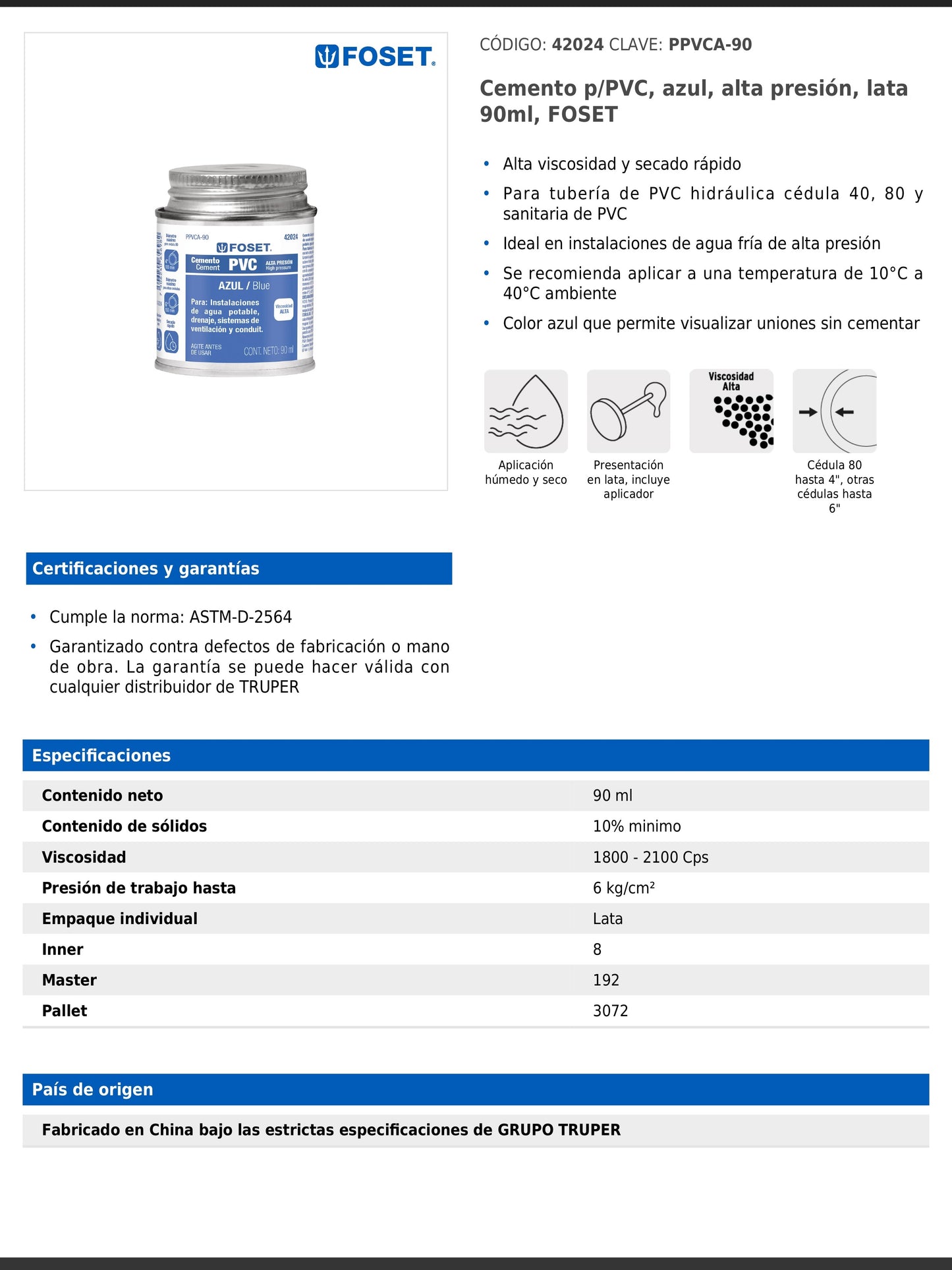 Cemento para PVC azul de alta presión en lata de 90 ml