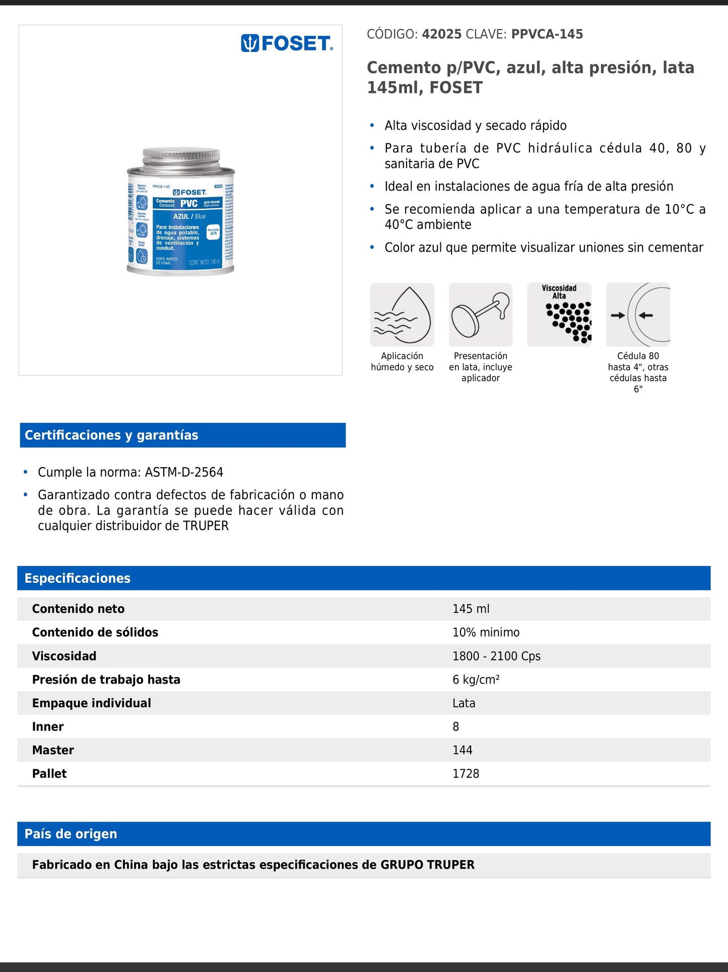 Cemento para PVC azul de alta presión en lata de 145 ml