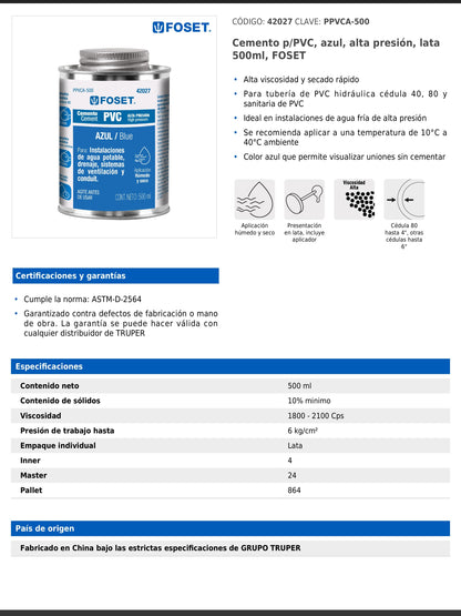 Cemento para PVC azul de alta presión en lata de 500 ml