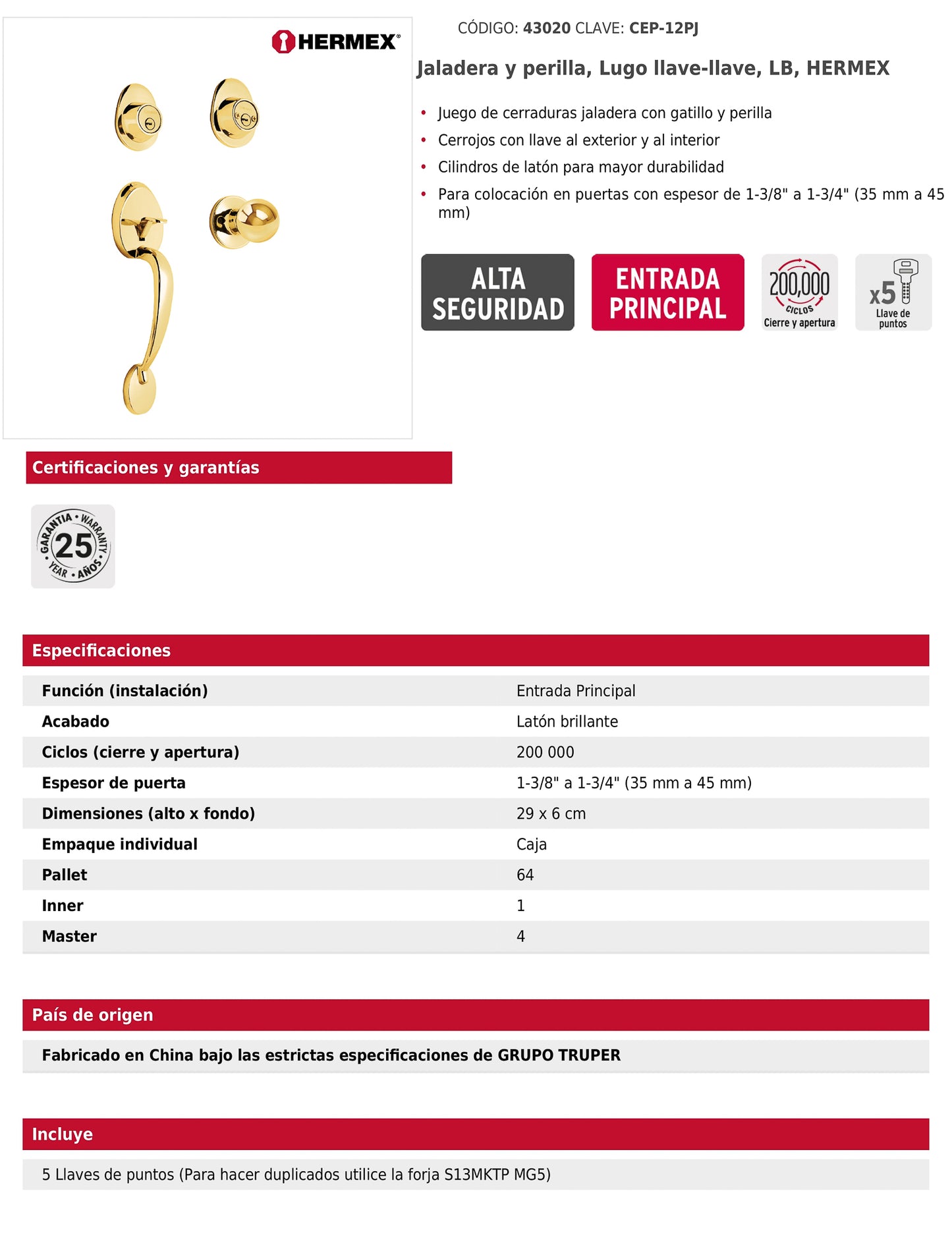 Jaladera y perilla de latón brillante con cerrojo llave llave