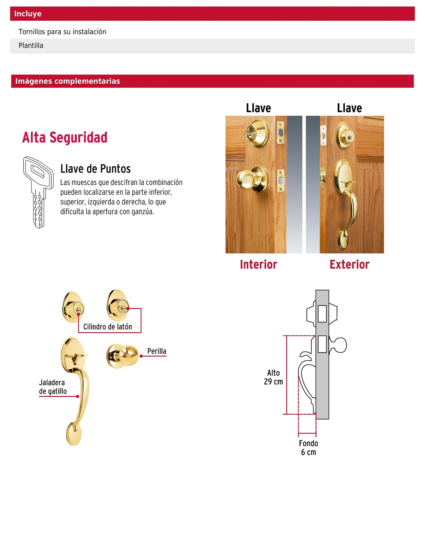 Jaladera y perilla de latón brillante con cerrojo llave llave