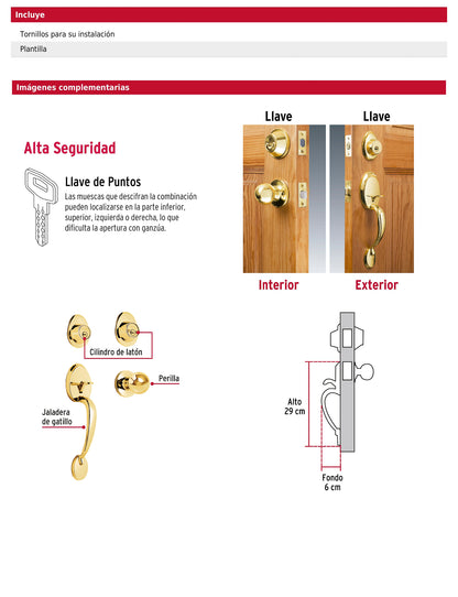 Jaladera y perilla de latón brillante con cerrojo llave llave