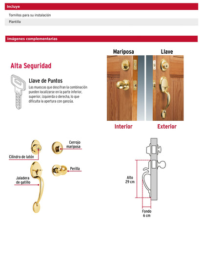 Jaladera y perilla de latón brillante con cerrojo llave mariposa