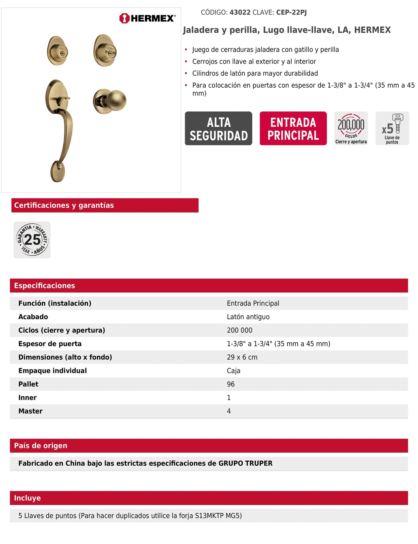 Jaladera y perilla de latón antiguo con cerrojo llave llave