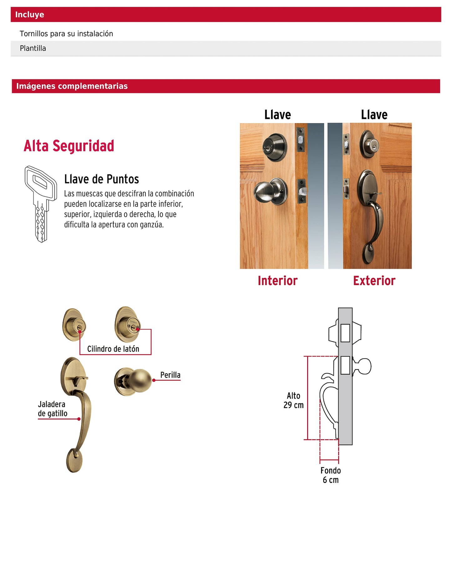 Jaladera y perilla de latón antiguo con cerrojo llave llave