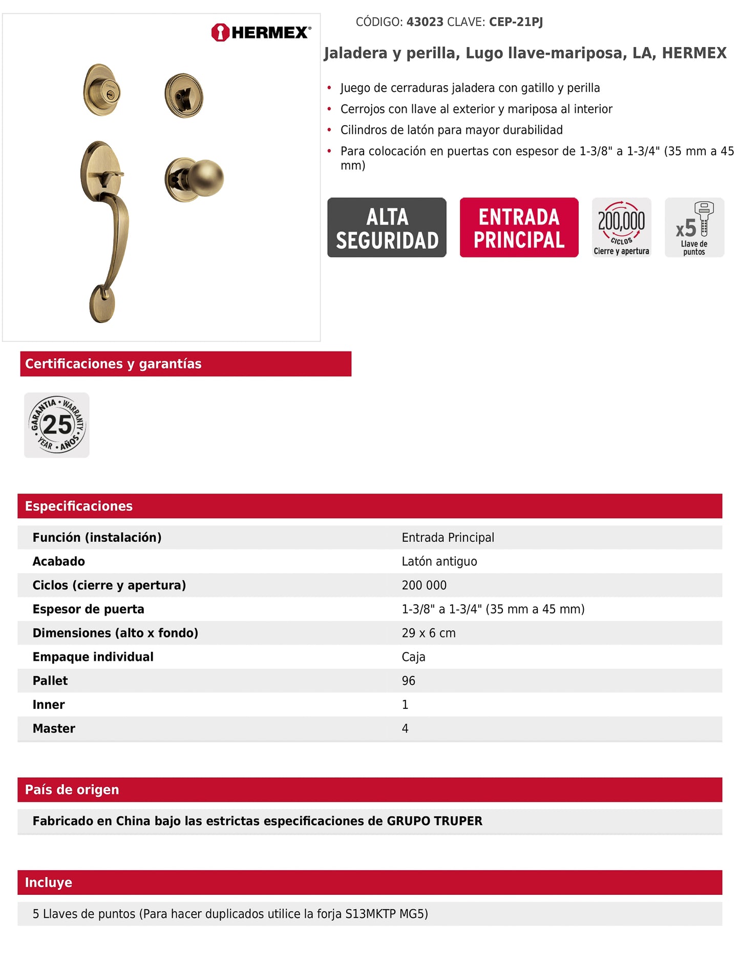 Doble jaladera y perilla de latón antiguo con cerrojo llave mariposa