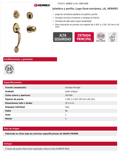 Doble jaladera y perilla de latón antiguo con cerrojo llave mariposa