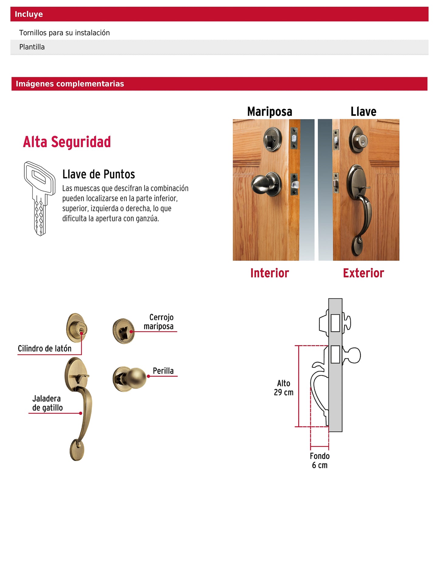 Doble jaladera y perilla de latón antiguo con cerrojo llave mariposa