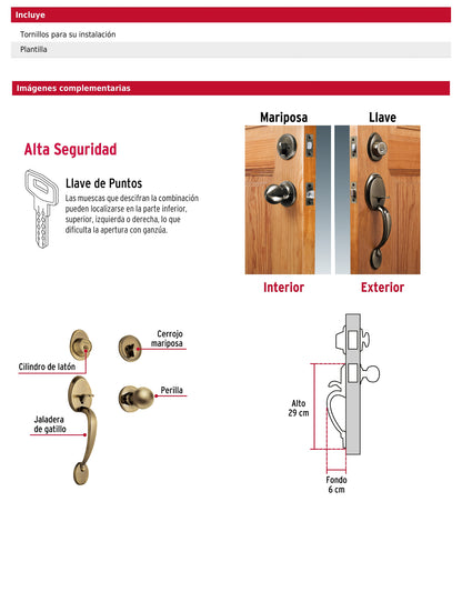 Doble jaladera y perilla de latón antiguo con cerrojo llave mariposa