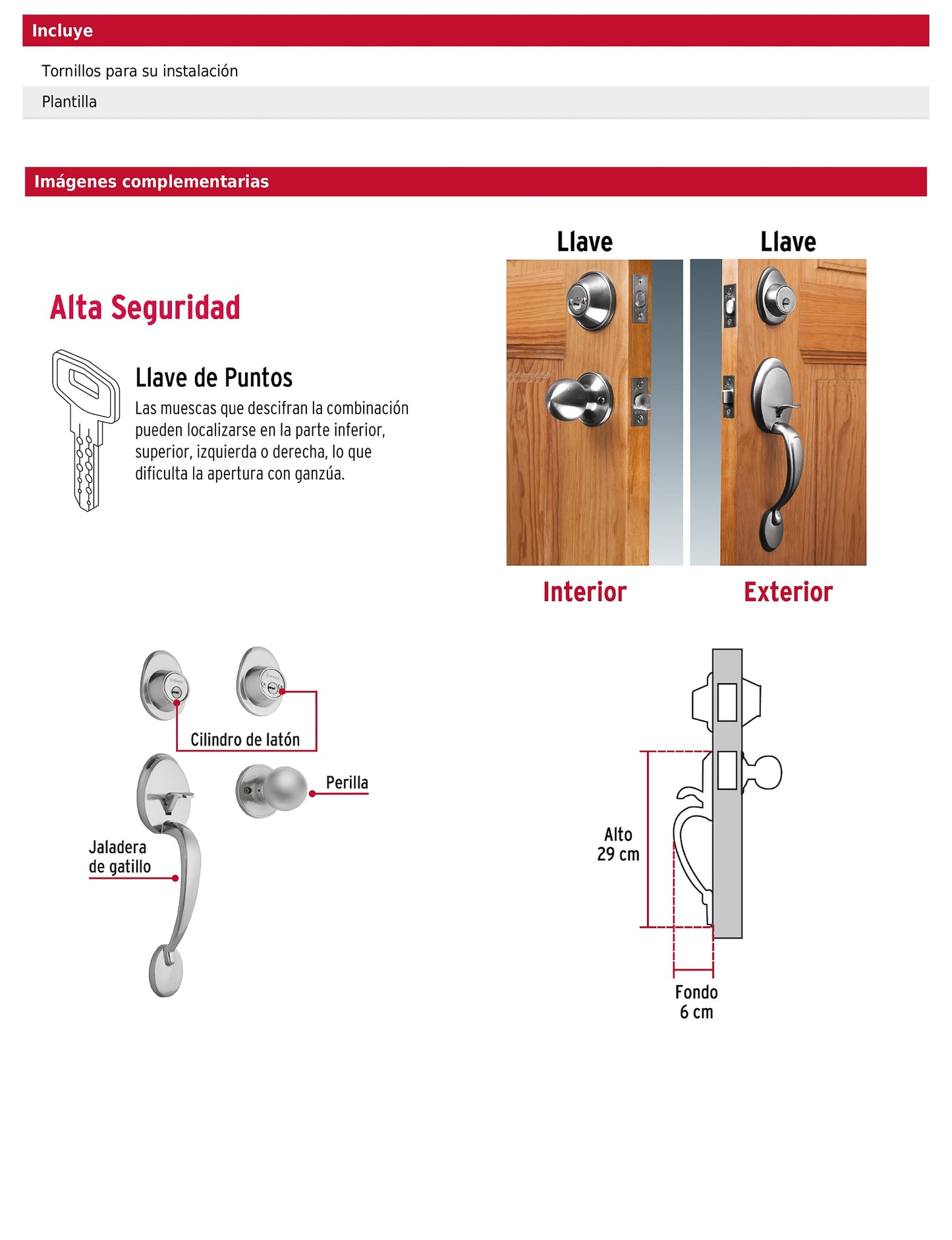 Jaladera y perilla de cromo mate con cerrojo llave llave