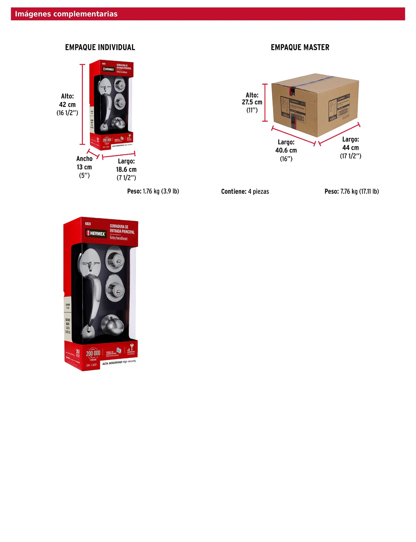 Jaladera y perilla de cromo mate con cerrojo llave llave