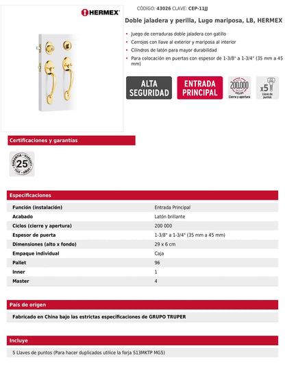 Doble jaladera y perilla de latón brillante con cerrojo llave mariposa