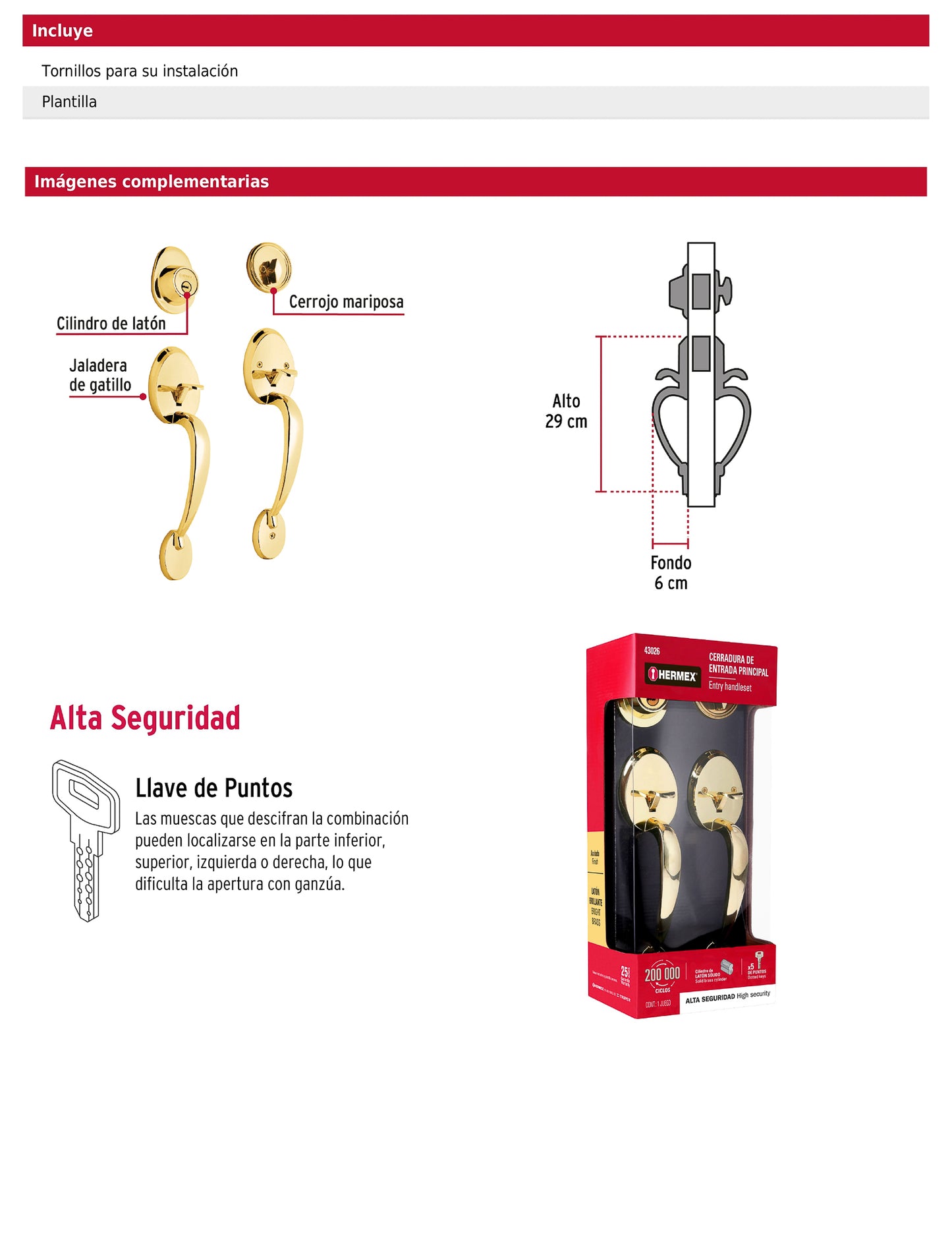 Doble jaladera y perilla de latón brillante con cerrojo llave mariposa
