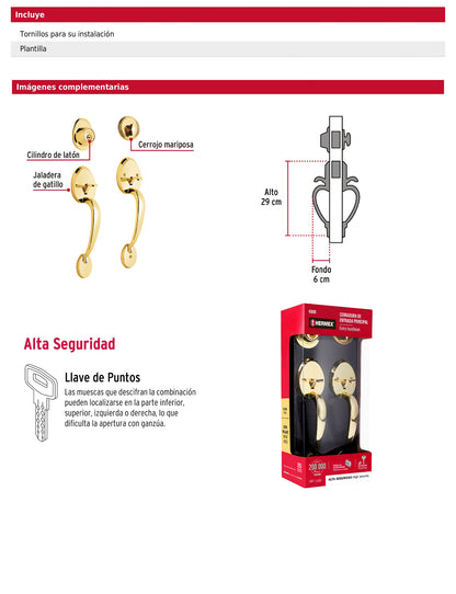 Doble jaladera y perilla de latón brillante con cerrojo llave mariposa