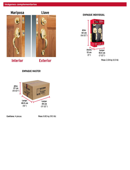 Doble jaladera y perilla de latón brillante con cerrojo llave mariposa