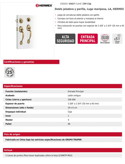 Doble jaladera y perilla de latón antiguo con cerrojo llave mariposa