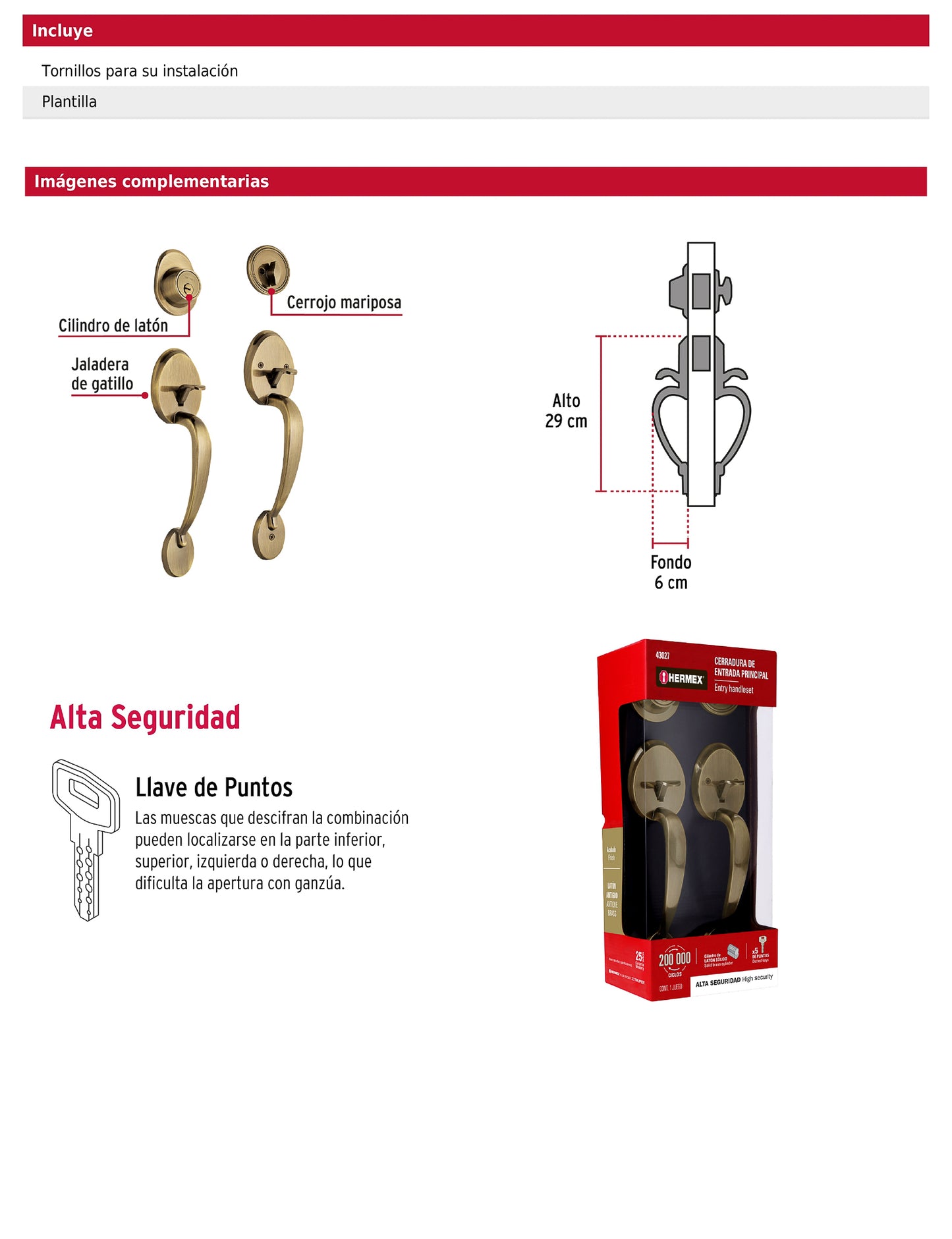 Doble jaladera y perilla de latón antiguo con cerrojo llave mariposa