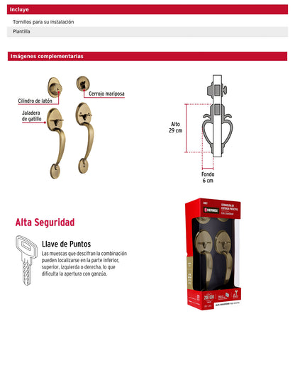 Doble jaladera y perilla de latón antiguo con cerrojo llave mariposa
