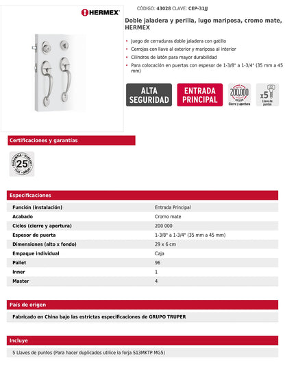 Doble jaladera y perilla de cromo mate con cerrojo llave mariposa