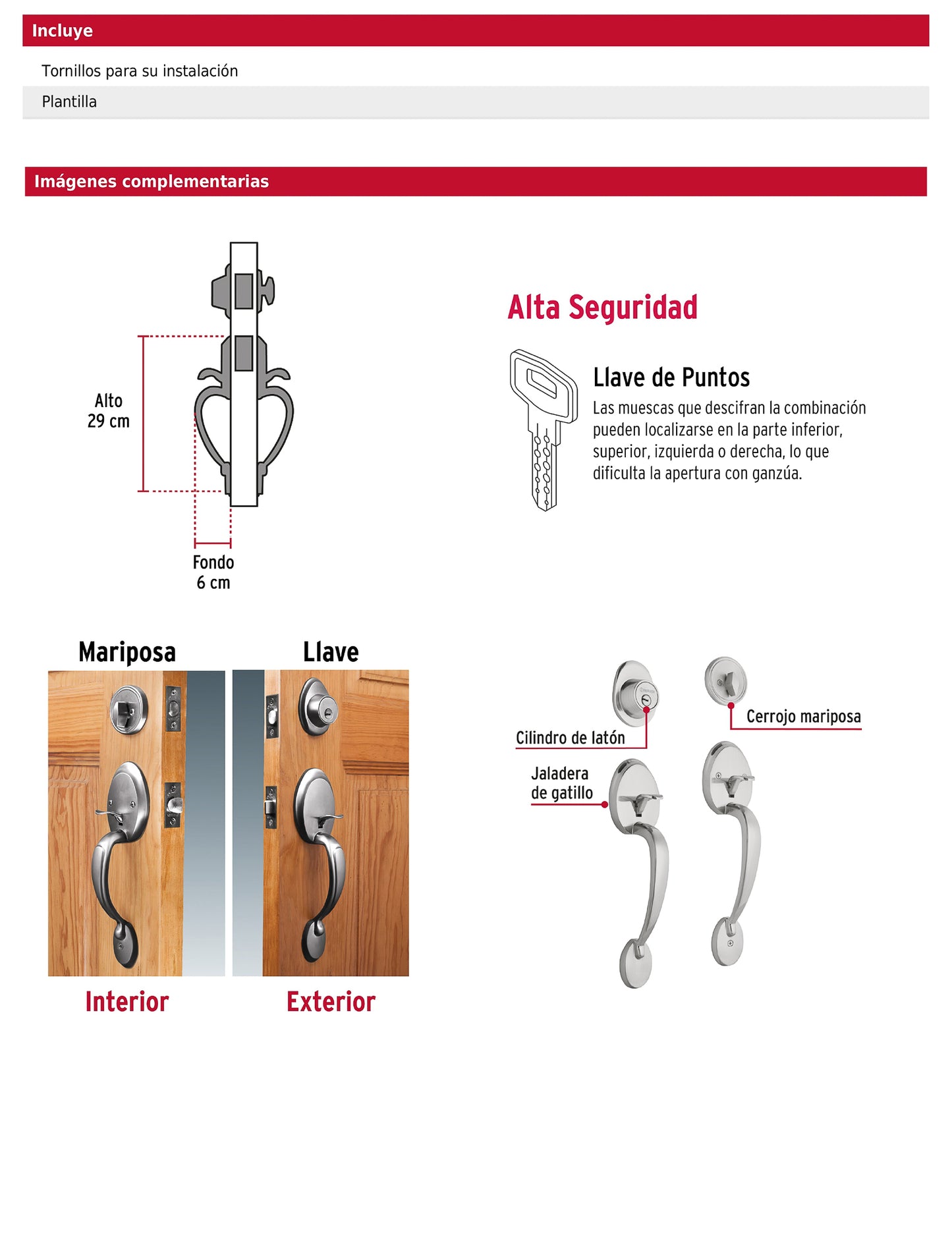 Doble jaladera y perilla de cromo mate con cerrojo llave mariposa