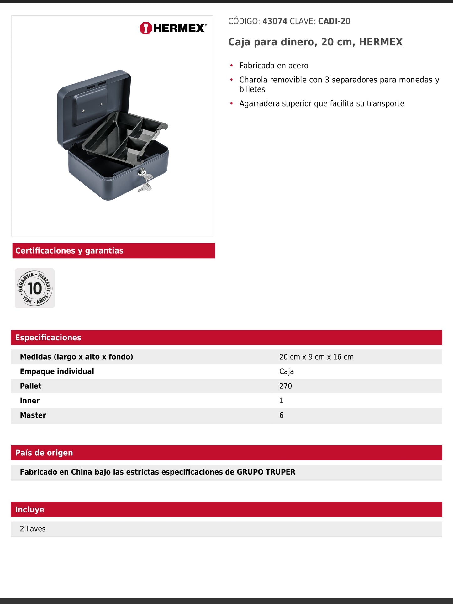 Caja para dinero de acero con charola removible de 20 cm