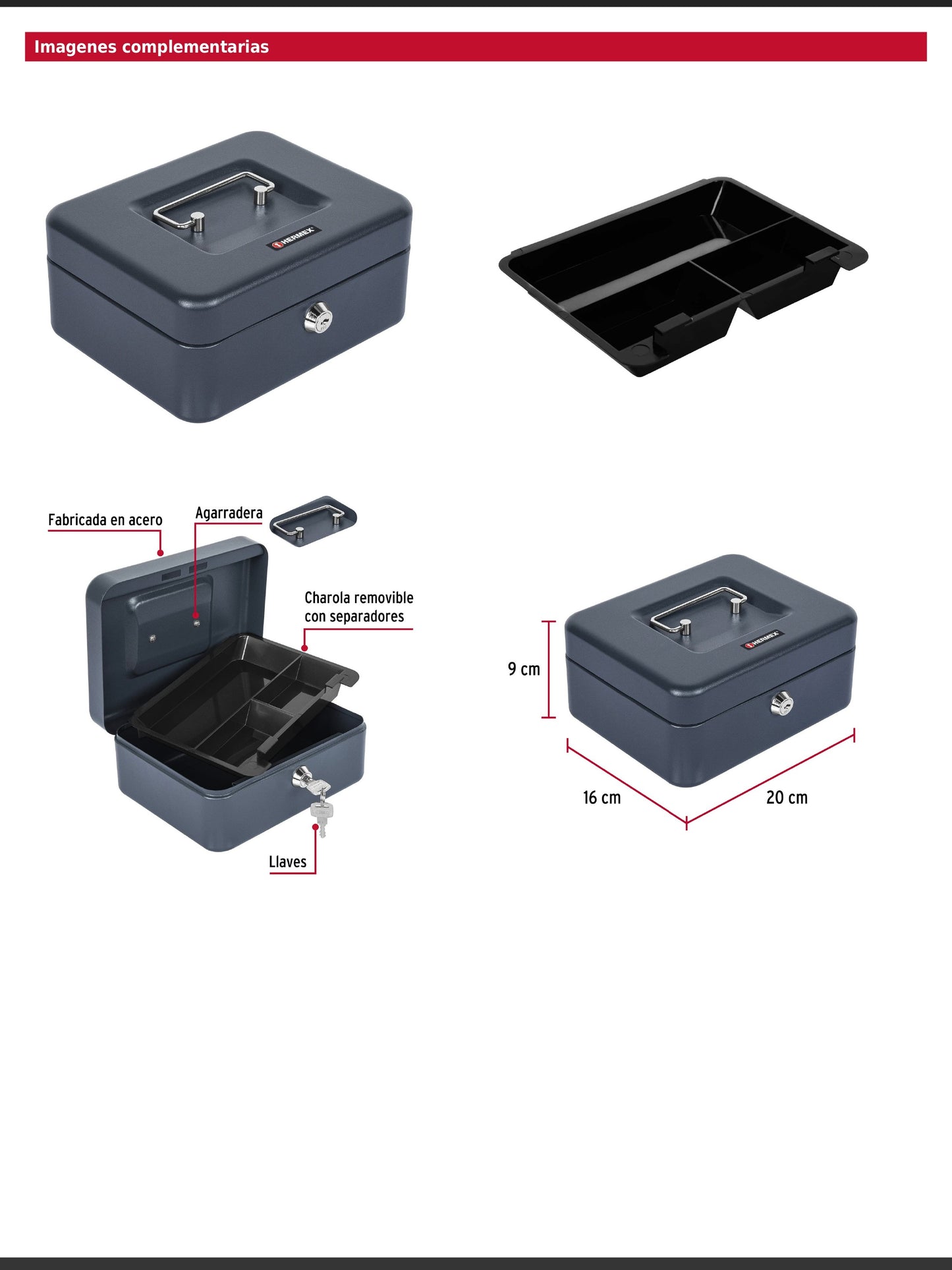 Caja para dinero de acero con charola removible de 20 cm