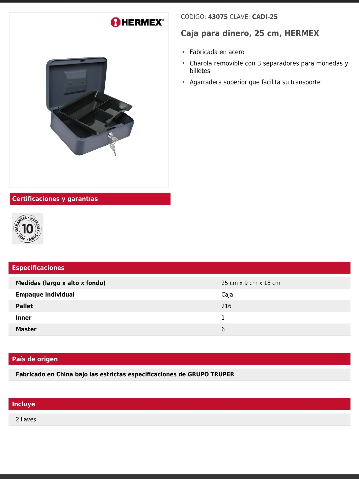 Caja para dinero de acero con charola removible de 25 cm