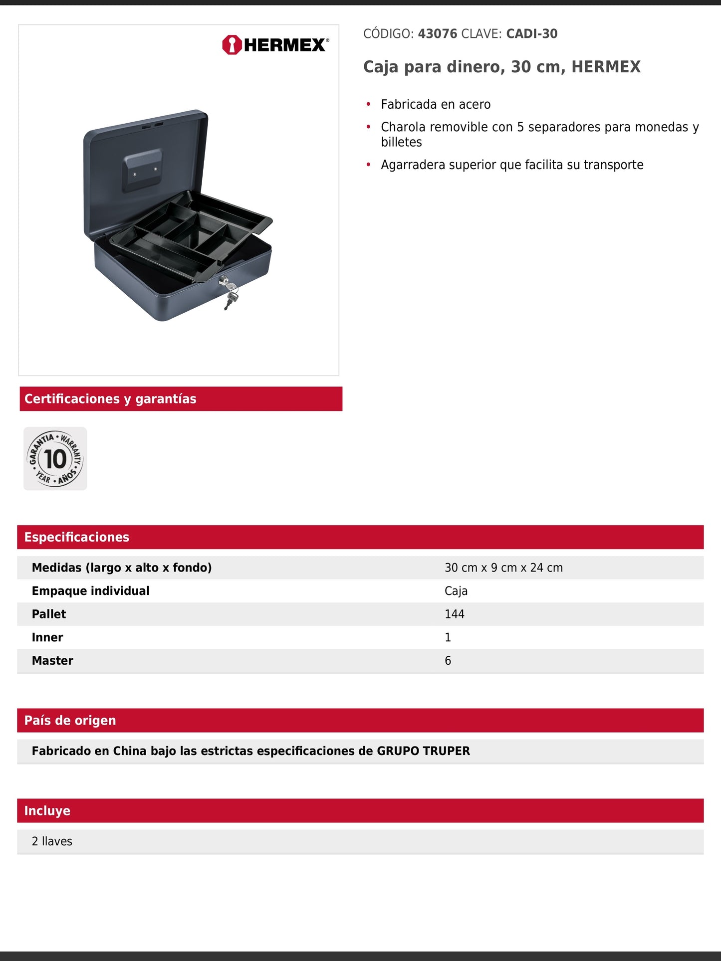 Caja para dinero de acero con charola removible de 30 cm