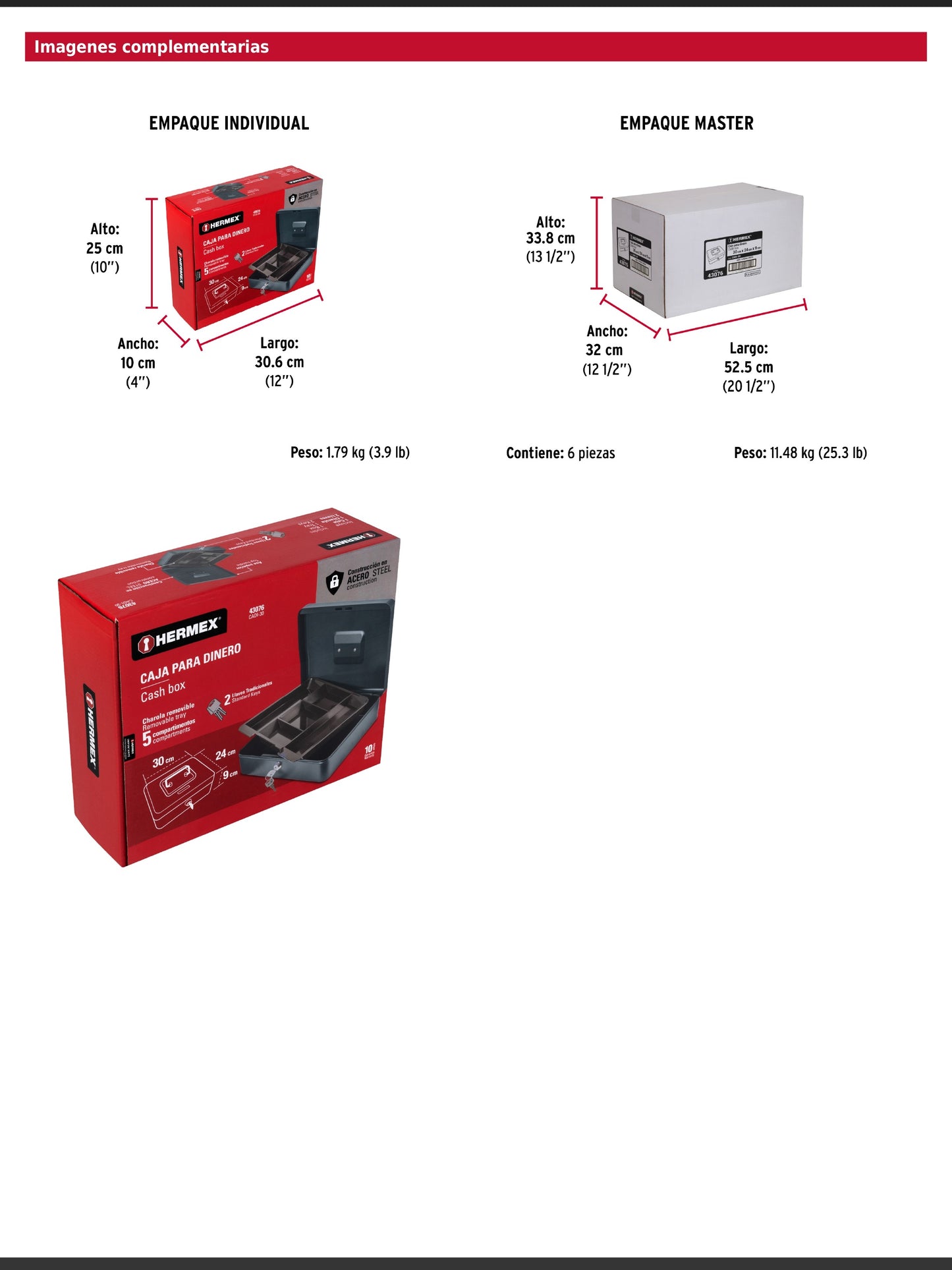 Caja para dinero de acero con charola removible de 30 cm