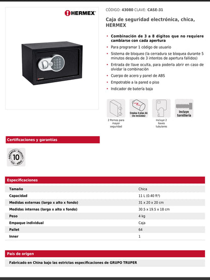 Caja fuerte de seguridad electrónica de acero chica con combinación programable