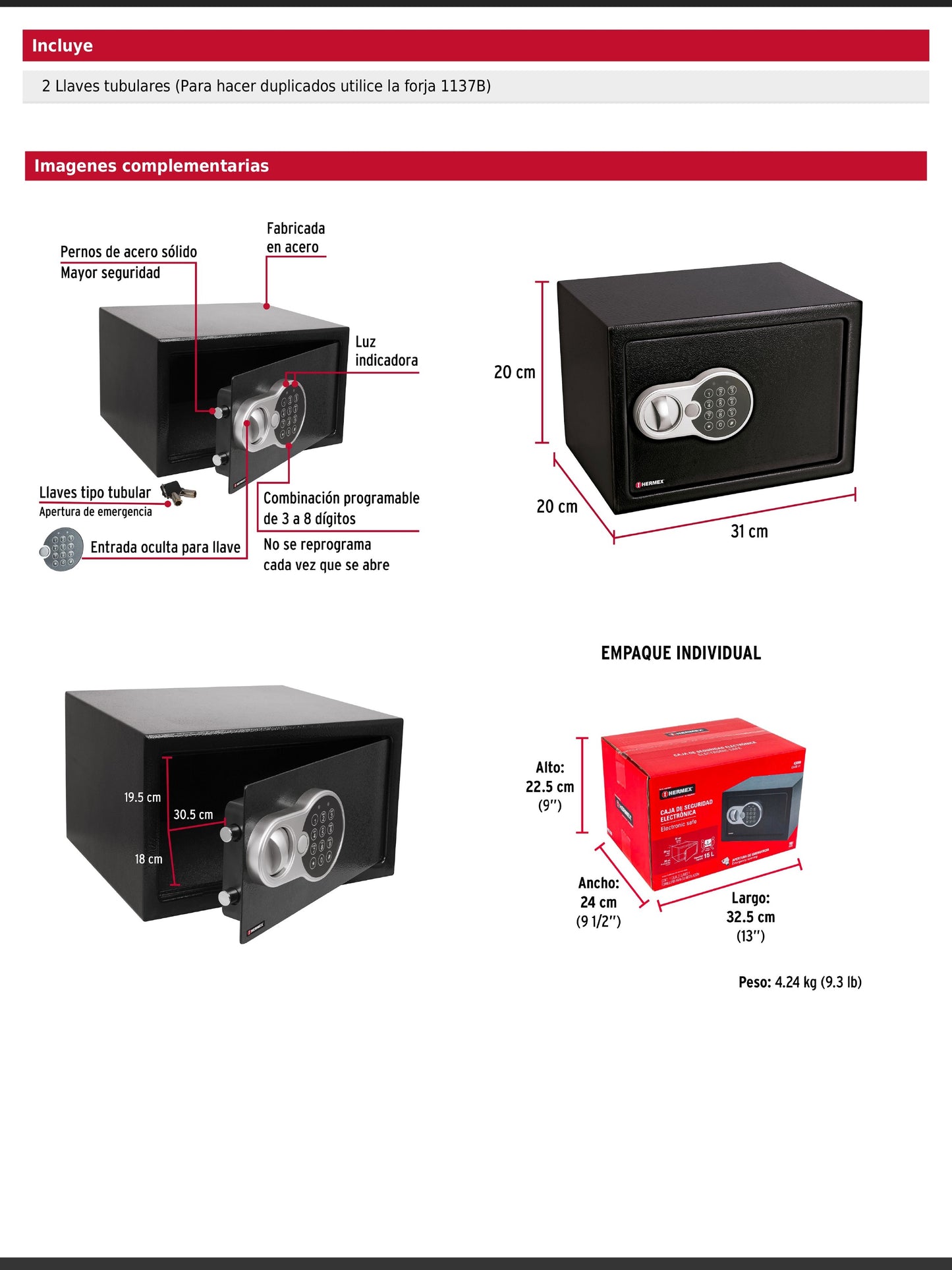 Caja fuerte de seguridad electrónica de acero chica con combinación programable