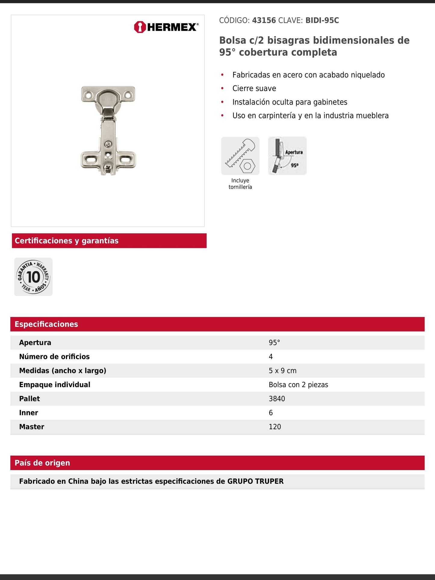 Bisagras bidimensionales de 95 grados cobertura completa