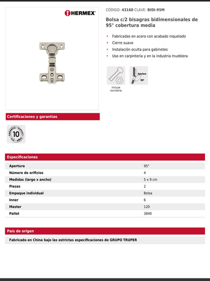 Bisagras bidimensionales de 95° cobertura media en bolsa con 2 piezas