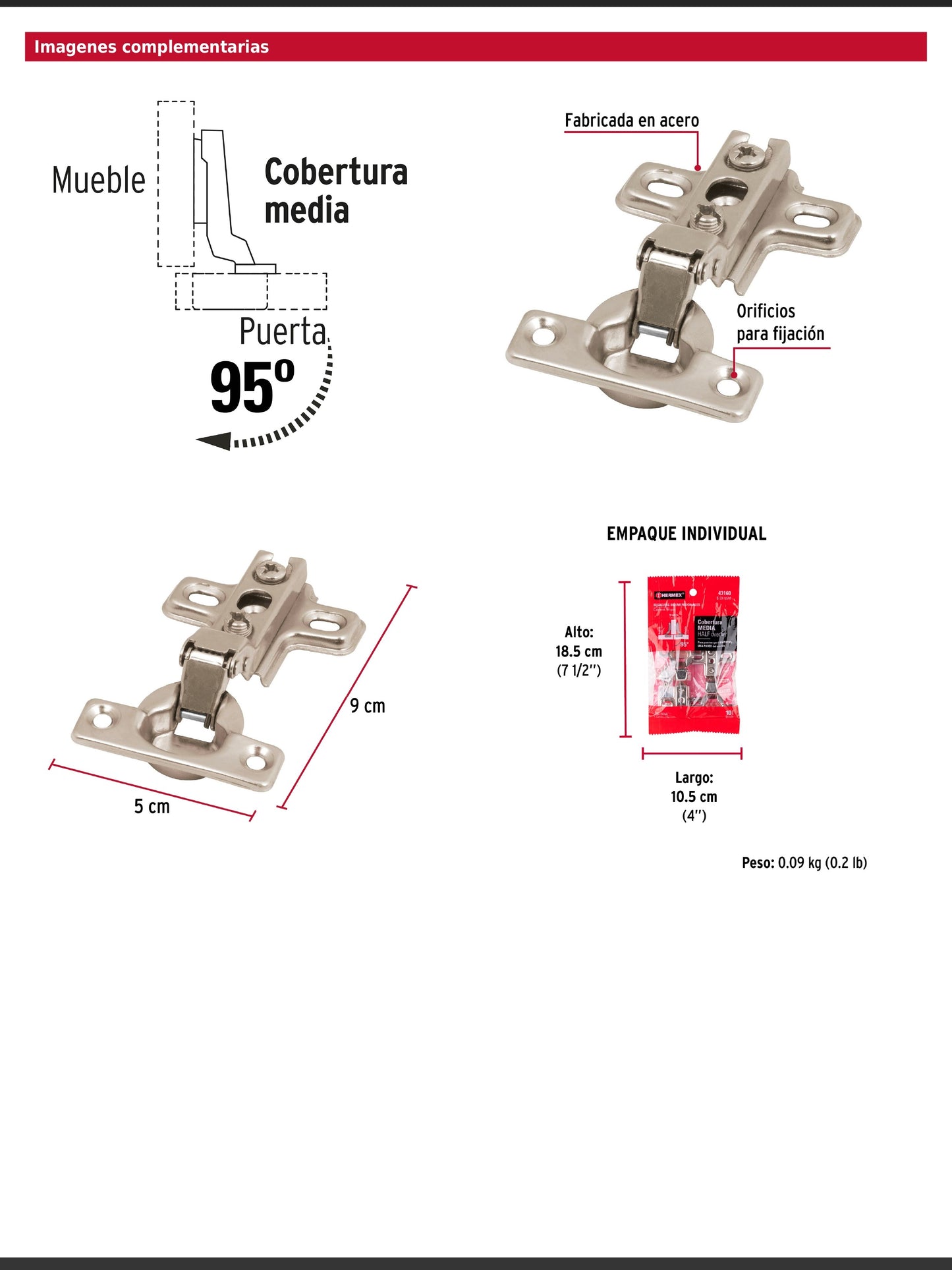 Bisagras bidimensionales de 95° cobertura media en bolsa con 2 piezas