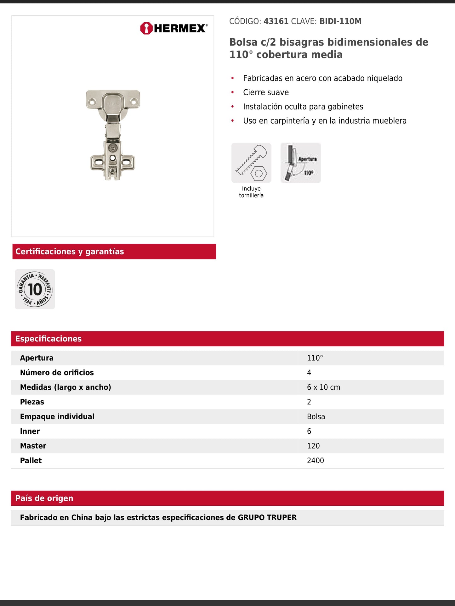 Bisagras bidimensionales de 110° cobertura media en bolsa con 2 piezas