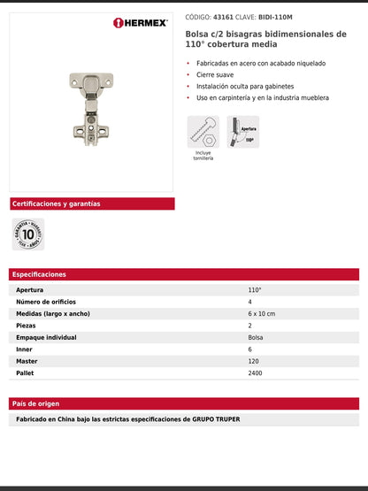 Bisagras bidimensionales de 110° cobertura media en bolsa con 2 piezas