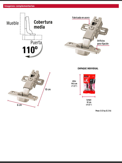 Bisagras bidimensionales de 110° cobertura media en bolsa con 2 piezas