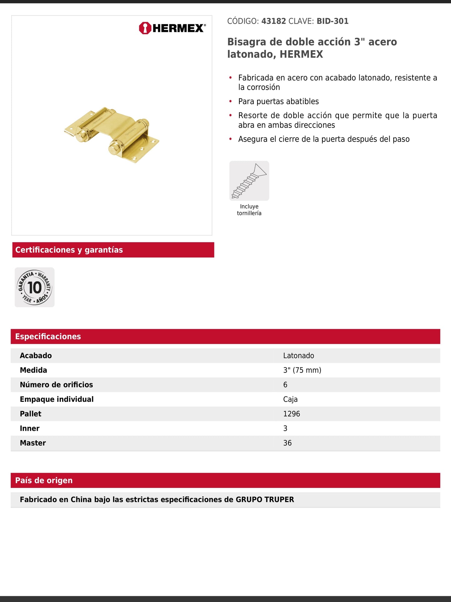 Bisagra de doble acción de 3 pulgadas en acero latonado