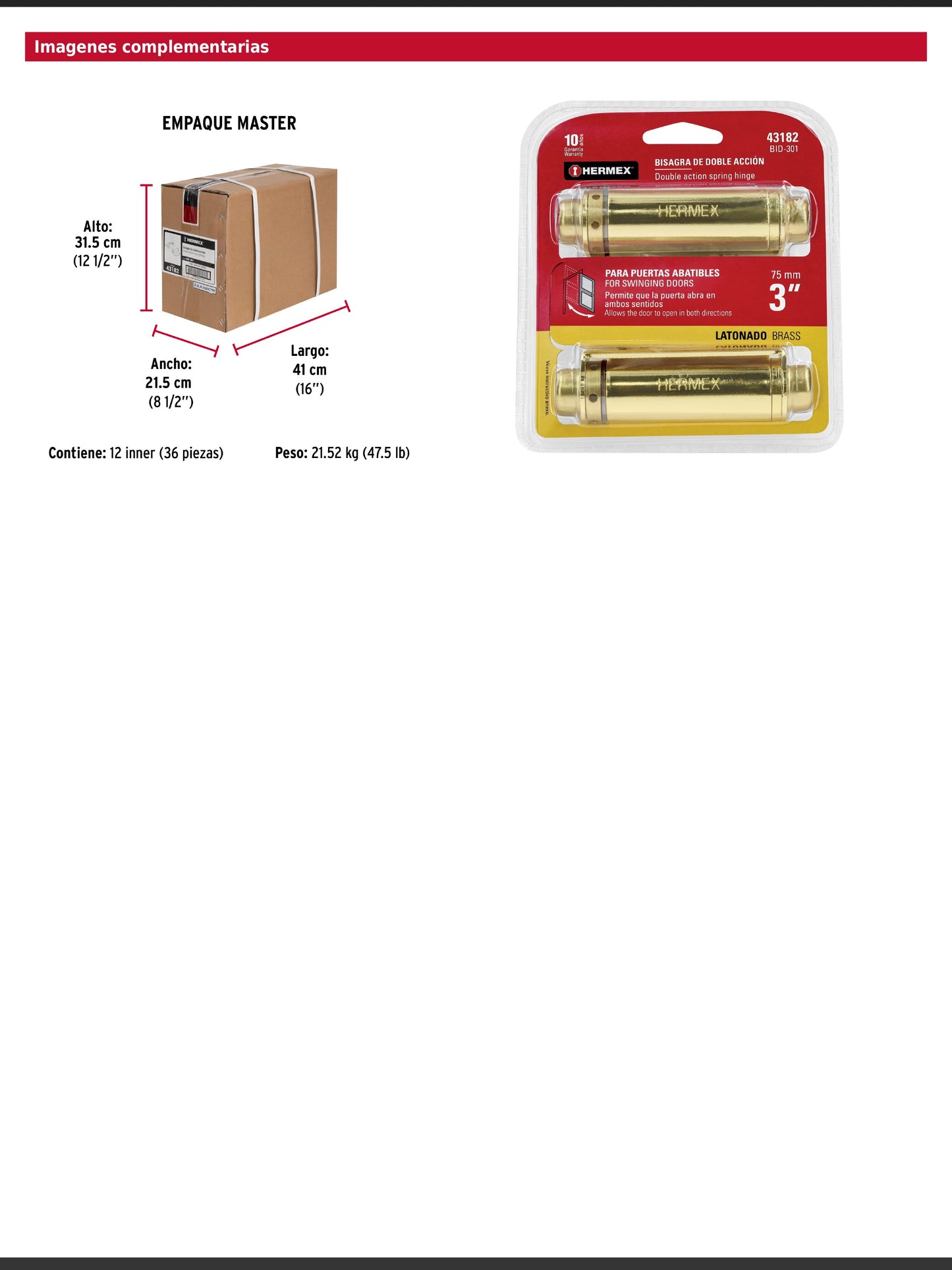 Bisagra de doble acción de 3 pulgadas en acero latonado