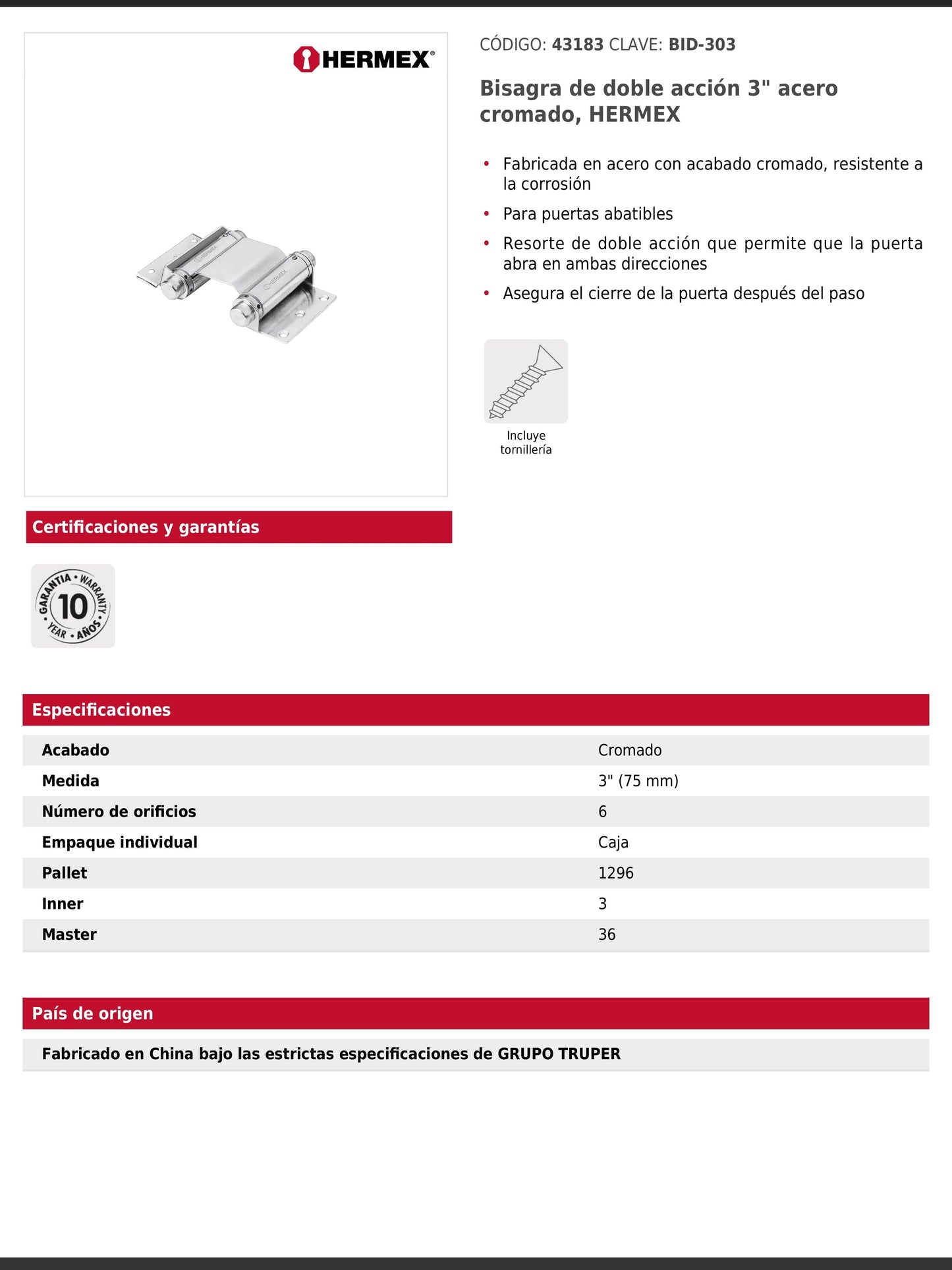 Bisagra de doble acción de 3 pulgadas en acero cromado
