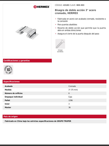 Bisagra de doble acción de 3 pulgadas en acero cromado