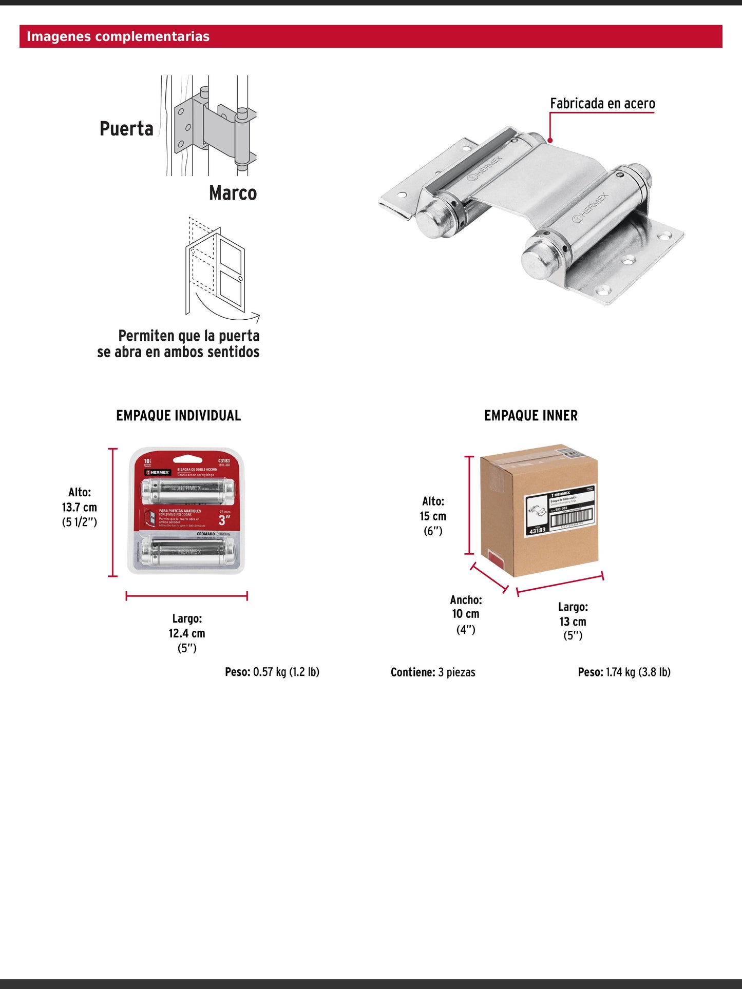 Bisagra de doble acción de 3 pulgadas en acero cromado