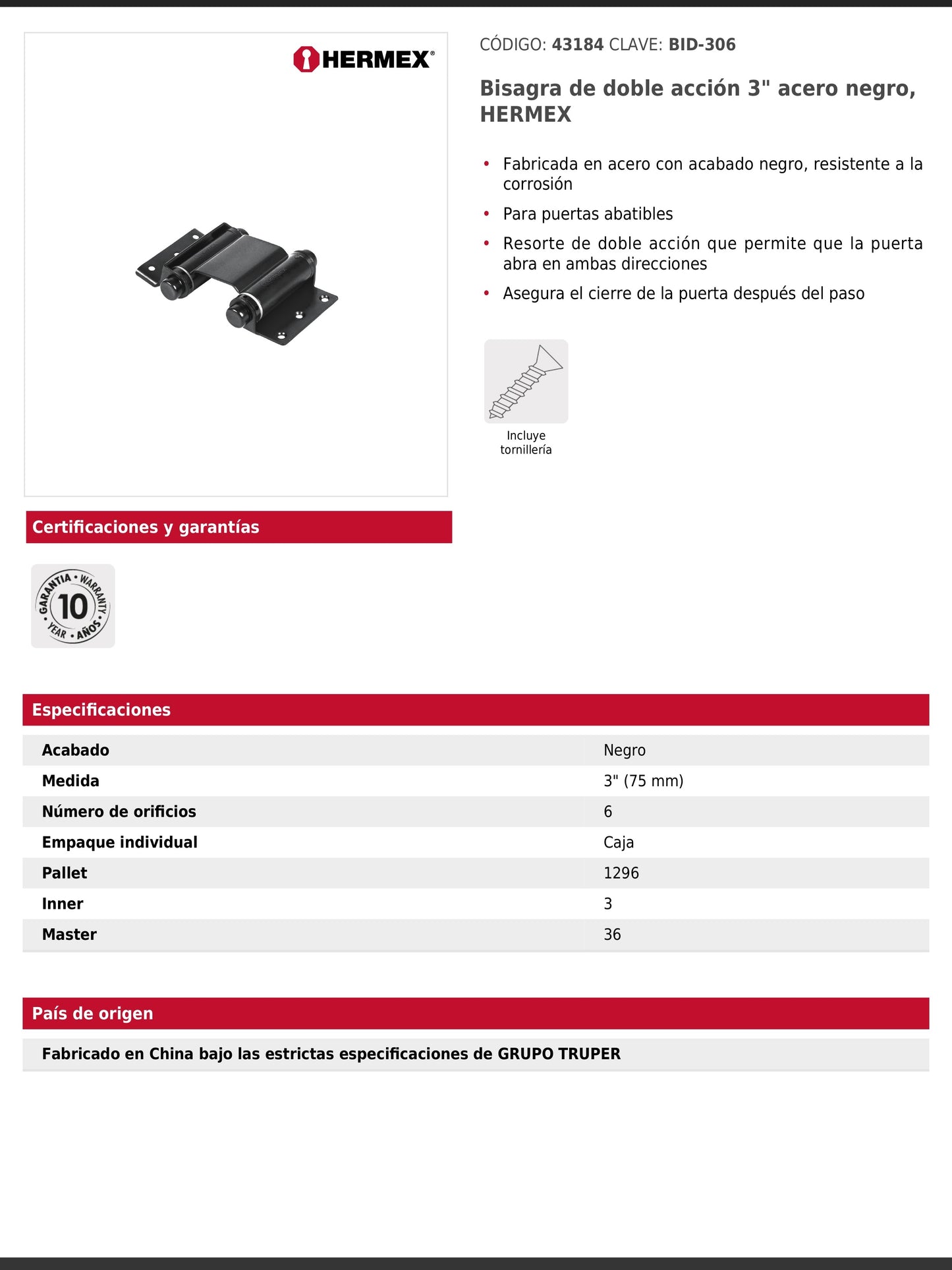 Bisagra de doble acción de 3 pulgadas en acero negro