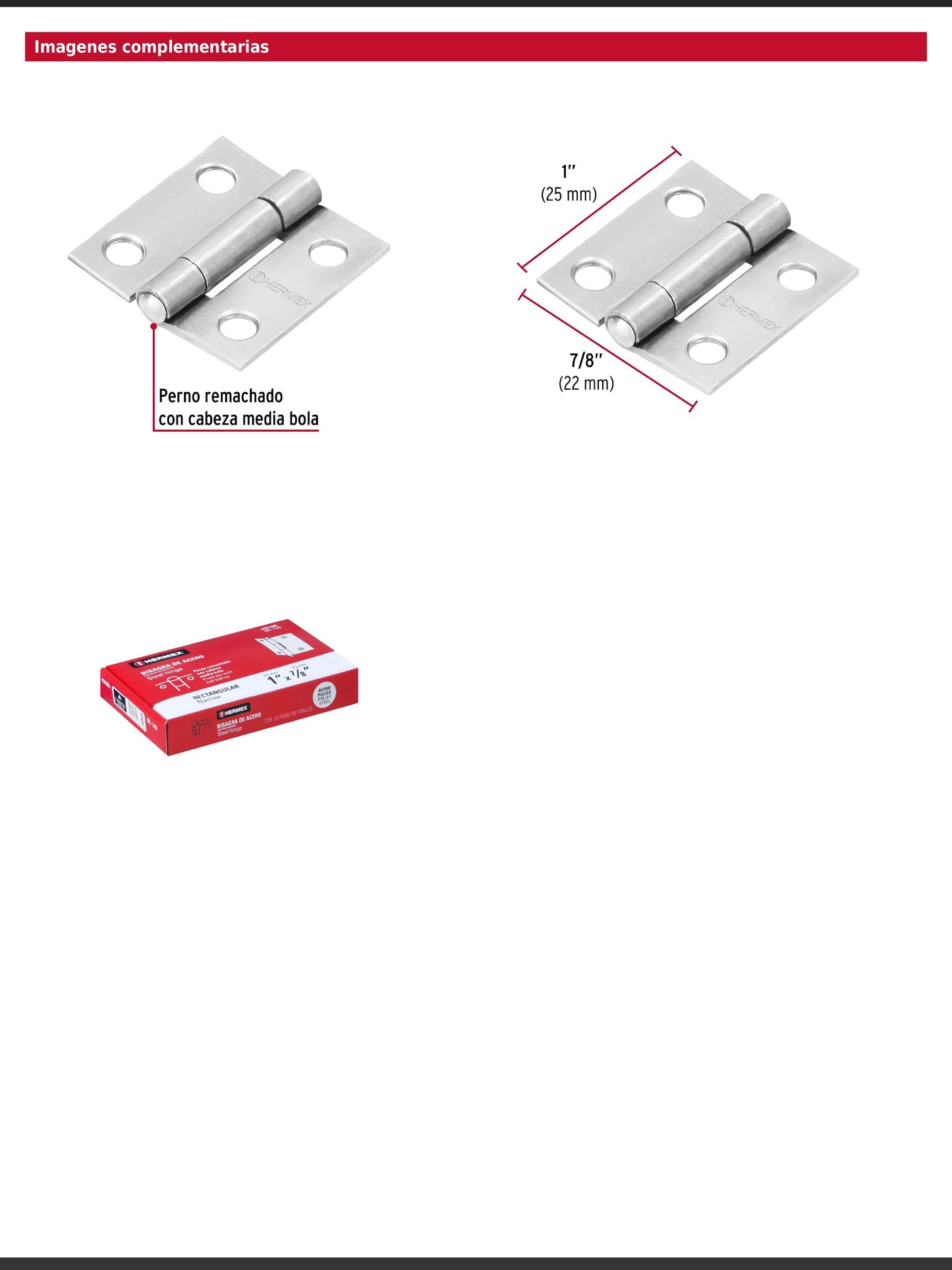 Bisagra rectangular de 1 pulgada en acero pulido
